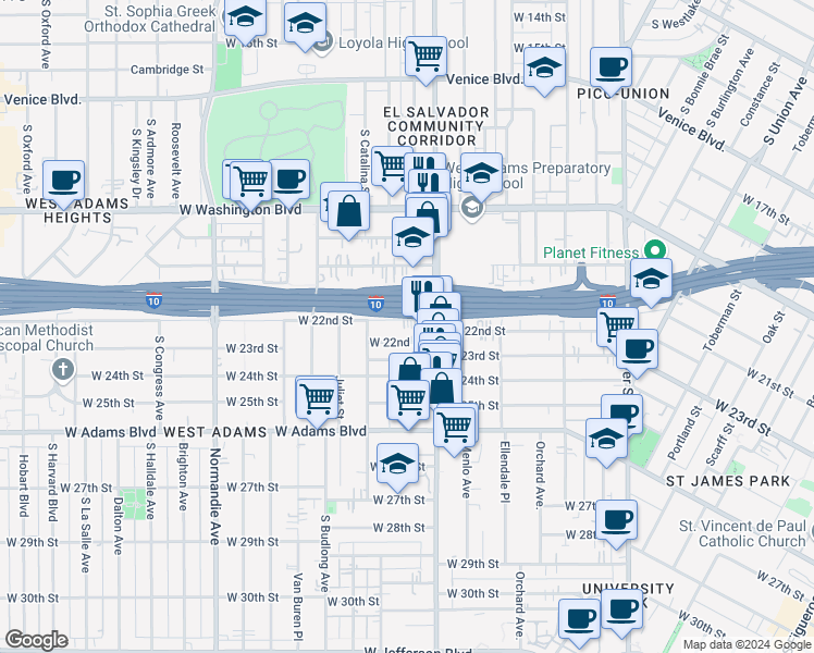 map of restaurants, bars, coffee shops, grocery stores, and more near 1532 West 22nd Street in Los Angeles