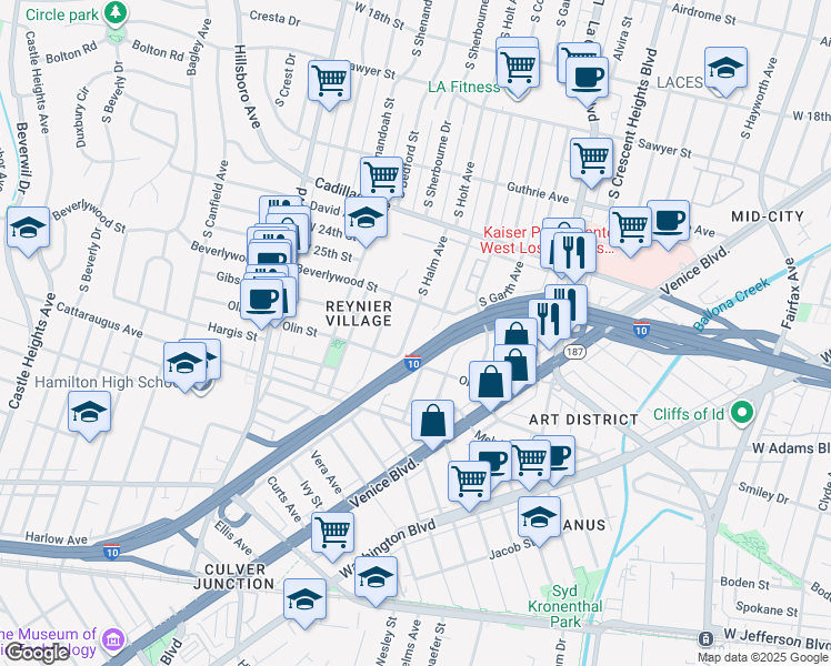 map of restaurants, bars, coffee shops, grocery stores, and more near 2630 South Halm Avenue in Los Angeles