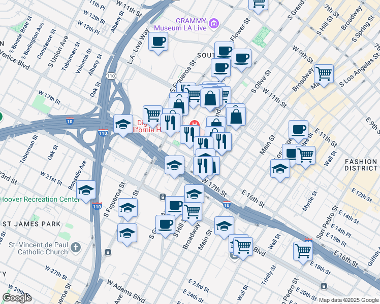 map of restaurants, bars, coffee shops, grocery stores, and more near 1501 South Grand Avenue in Los Angeles