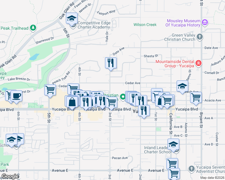map of restaurants, bars, coffee shops, grocery stores, and more near 11973 3rd Street in Yucaipa