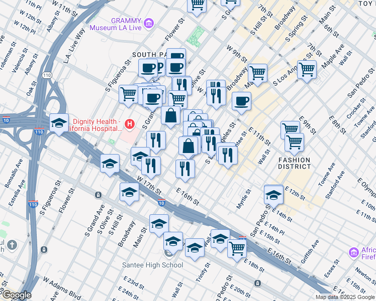 map of restaurants, bars, coffee shops, grocery stores, and more near 1326 South Broadway in Los Angeles