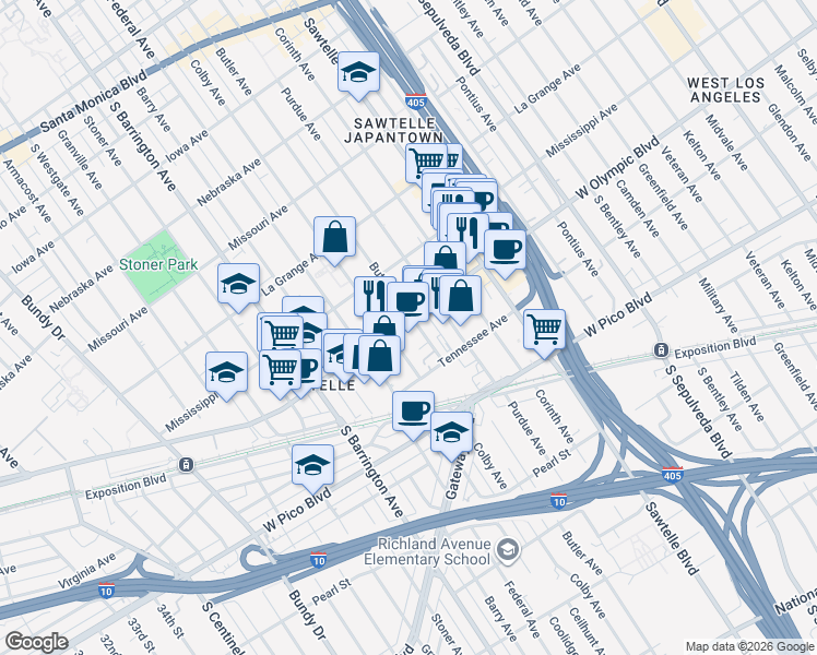 map of restaurants, bars, coffee shops, grocery stores, and more near 11500 West Olympic Boulevard in Los Angeles