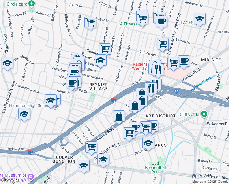 map of restaurants, bars, coffee shops, grocery stores, and more near 2630 South Halm Avenue in Los Angeles