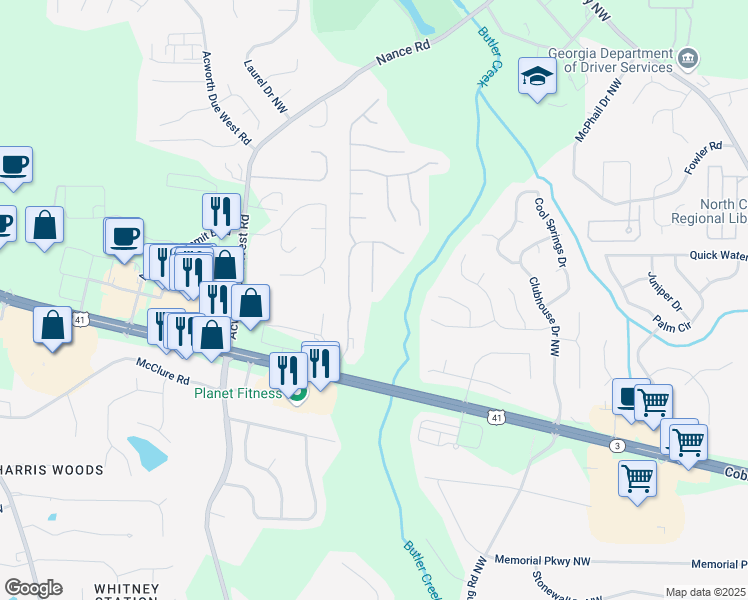 map of restaurants, bars, coffee shops, grocery stores, and more near 314 Creel Court Northwest in Kennesaw