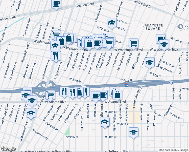 map of restaurants, bars, coffee shops, grocery stores, and more near 2118 South Palm Grove Avenue in Los Angeles