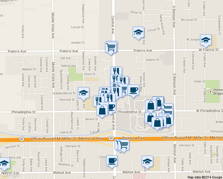 map of restaurants, bars, coffee shops, grocery stores, and more near 11980 Central Avenue in Chino