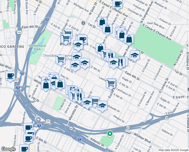 map of restaurants, bars, coffee shops, grocery stores, and more near 2734 Lanfranco Street in Los Angeles