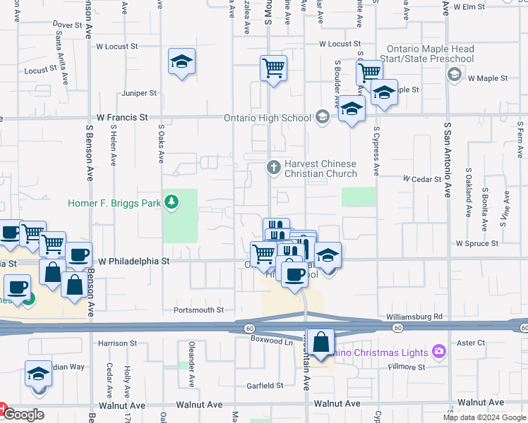 map of restaurants, bars, coffee shops, grocery stores, and more near 2040 South Mountain Avenue in Ontario