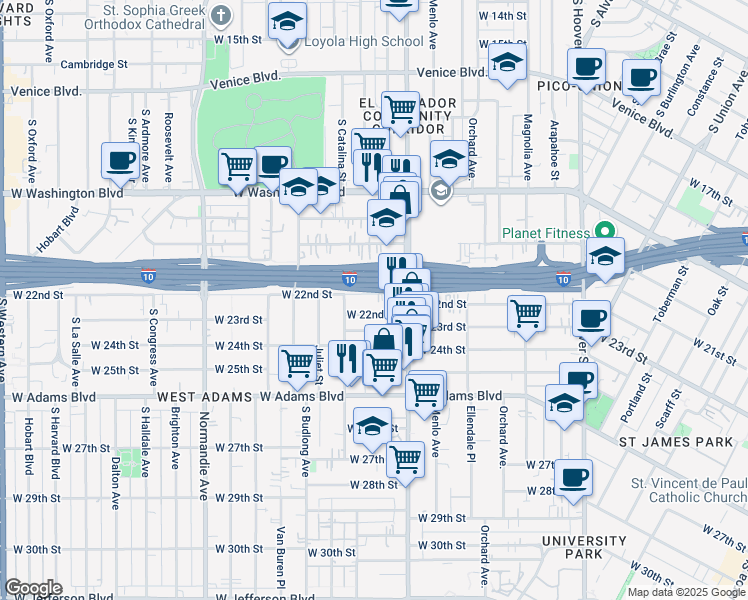 map of restaurants, bars, coffee shops, grocery stores, and more near 1540 West 22nd Street in Los Angeles