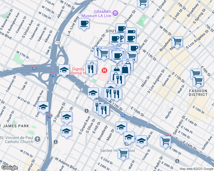 map of restaurants, bars, coffee shops, grocery stores, and more near 1414 South Grand Avenue in Los Angeles