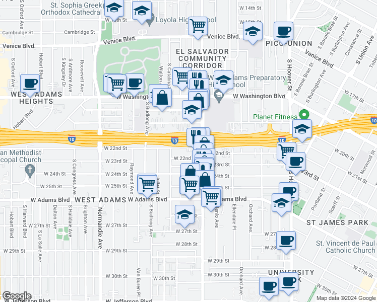 map of restaurants, bars, coffee shops, grocery stores, and more near 1532 West 22nd Street in Los Angeles