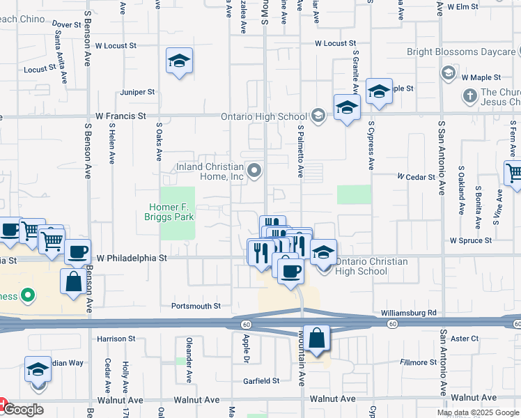 map of restaurants, bars, coffee shops, grocery stores, and more near 2040 South Mountain Avenue in Ontario