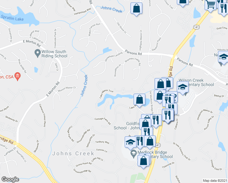 map of restaurants, bars, coffee shops, grocery stores, and more near 405 Lake Manor Trace in Alpharetta