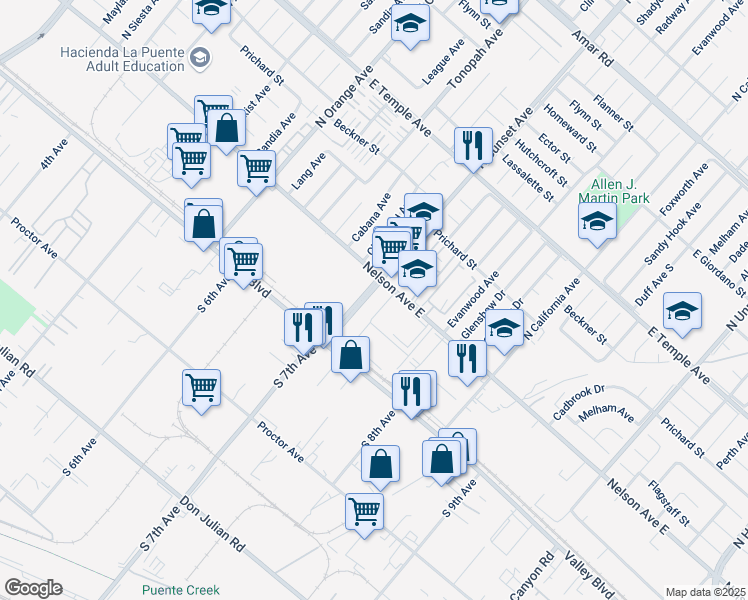map of restaurants, bars, coffee shops, grocery stores, and more near 14604 Nelson Ave in Industry