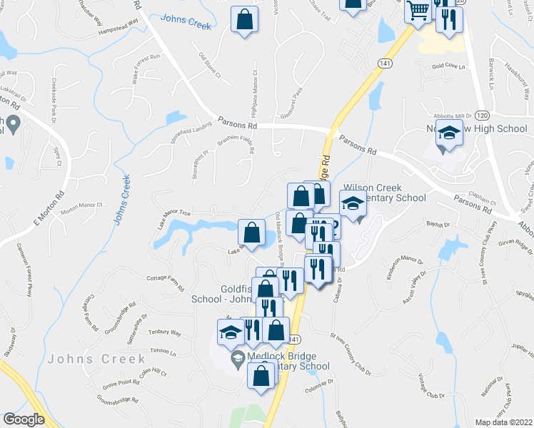 map of restaurants, bars, coffee shops, grocery stores, and more near 930 Park Lane Court in Alpharetta