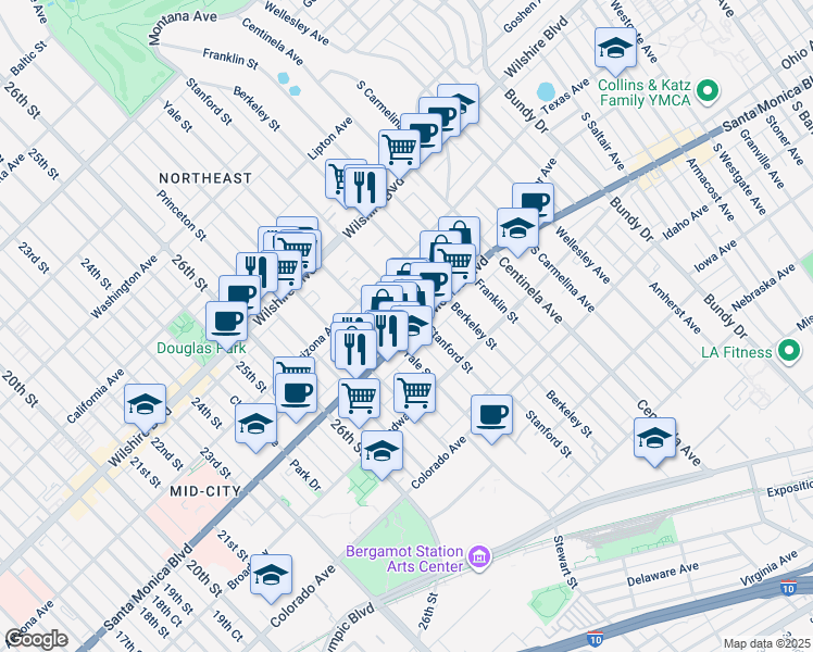 map of restaurants, bars, coffee shops, grocery stores, and more near 1341 Yale Street in Santa Monica