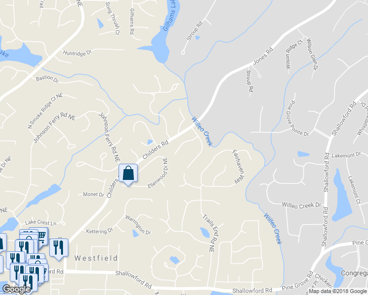 map of restaurants, bars, coffee shops, grocery stores, and more near 4852 Garrards Ridge in Roswell