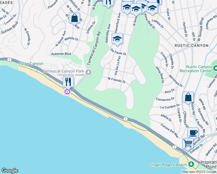 map of restaurants, bars, coffee shops, grocery stores, and more near 315 Vía De La Paz in Los Angeles