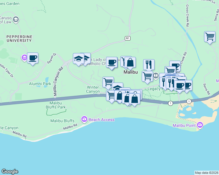 map of restaurants, bars, coffee shops, grocery stores, and more near 23901 Civic Center Way in Malibu