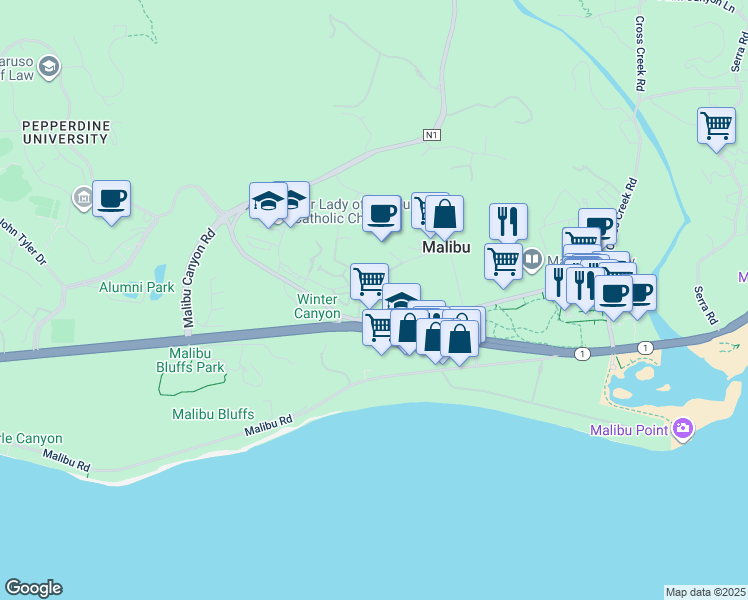 map of restaurants, bars, coffee shops, grocery stores, and more near 23901 Civic Center Way in Malibu