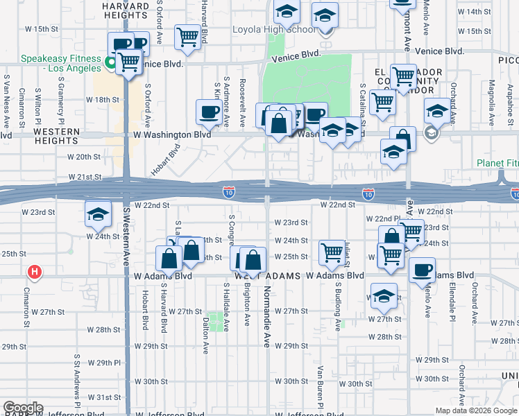 map of restaurants, bars, coffee shops, grocery stores, and more near 1816 West 22nd Street in Los Angeles