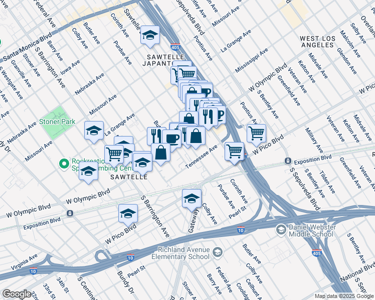 map of restaurants, bars, coffee shops, grocery stores, and more near 11400 West Olympic Boulevard in Los Angeles