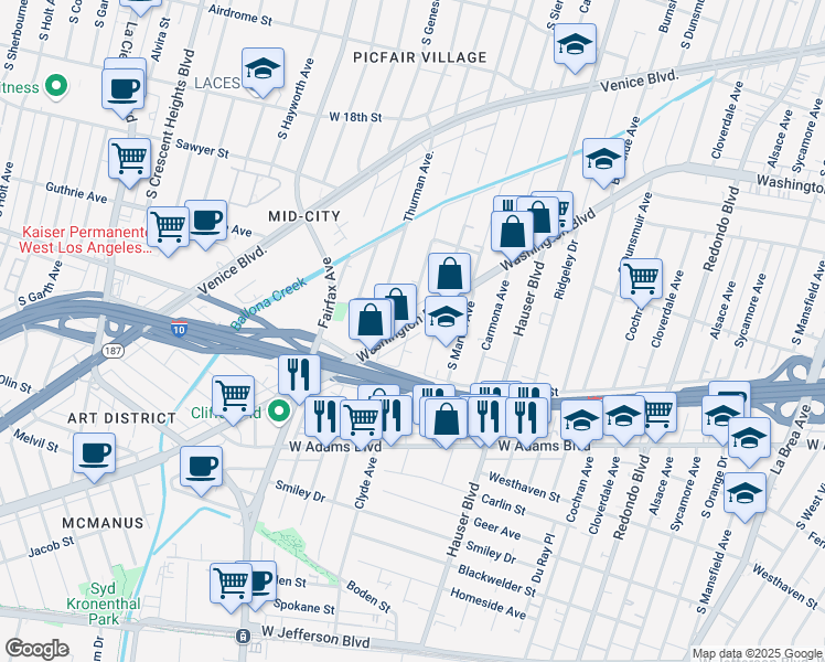 map of restaurants, bars, coffee shops, grocery stores, and more near 5556 Washington Boulevard in Los Angeles