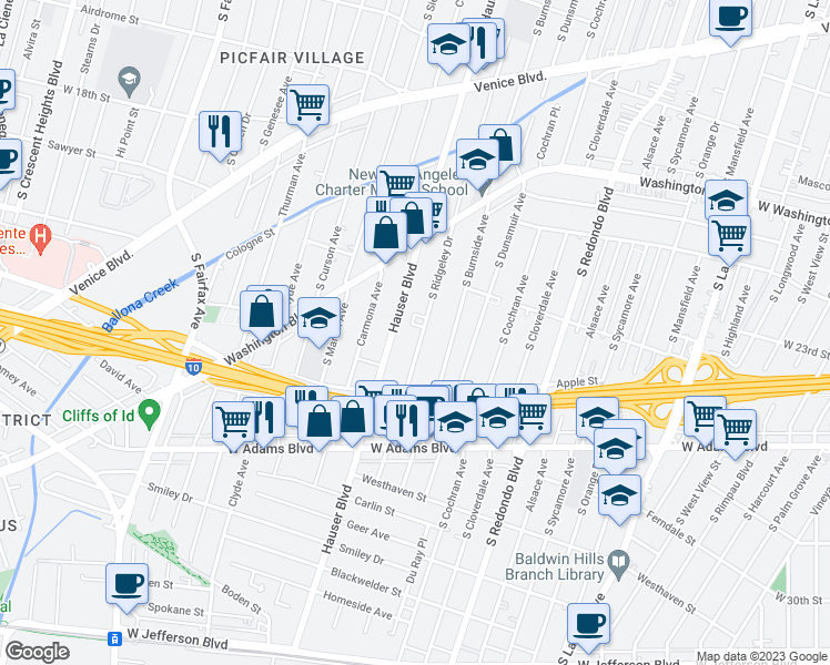 map of restaurants, bars, coffee shops, grocery stores, and more near 2301 South Ridgeley Drive in Los Angeles