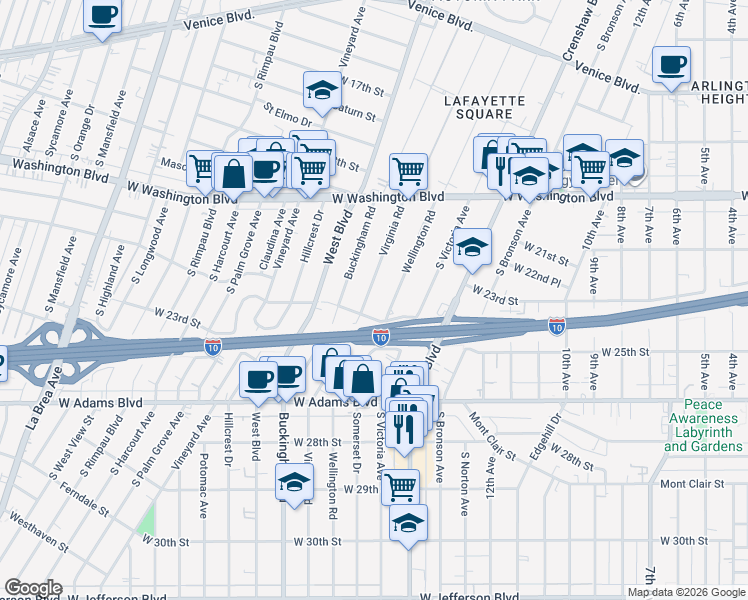 map of restaurants, bars, coffee shops, grocery stores, and more near 2120 Virginia Road in Los Angeles