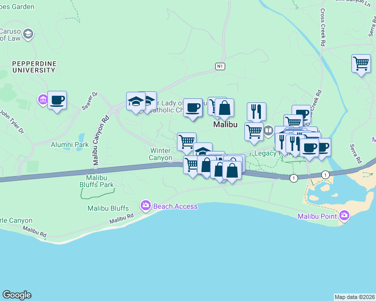 map of restaurants, bars, coffee shops, grocery stores, and more near 23901 Civic Center Way in Malibu