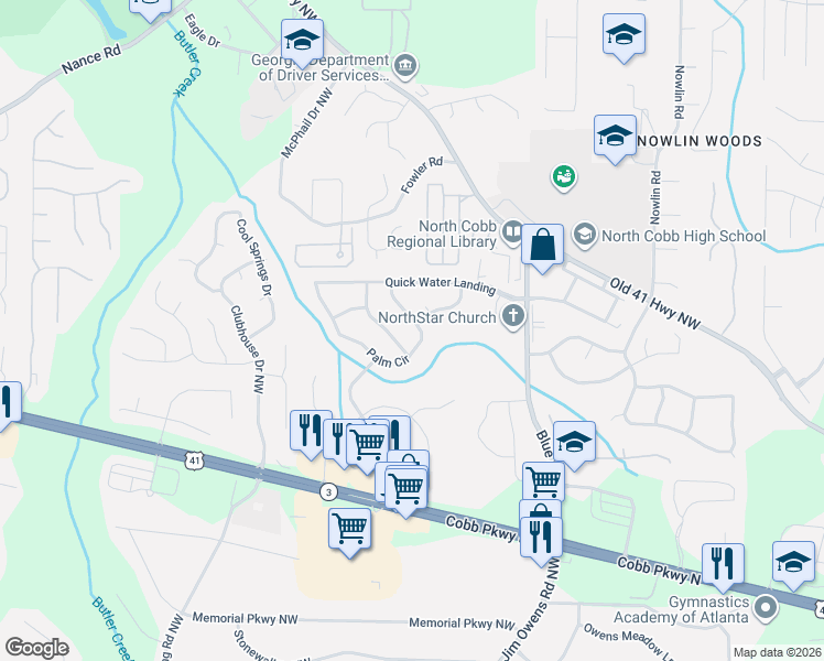 map of restaurants, bars, coffee shops, grocery stores, and more near 3488 Northfield Way in Kennesaw