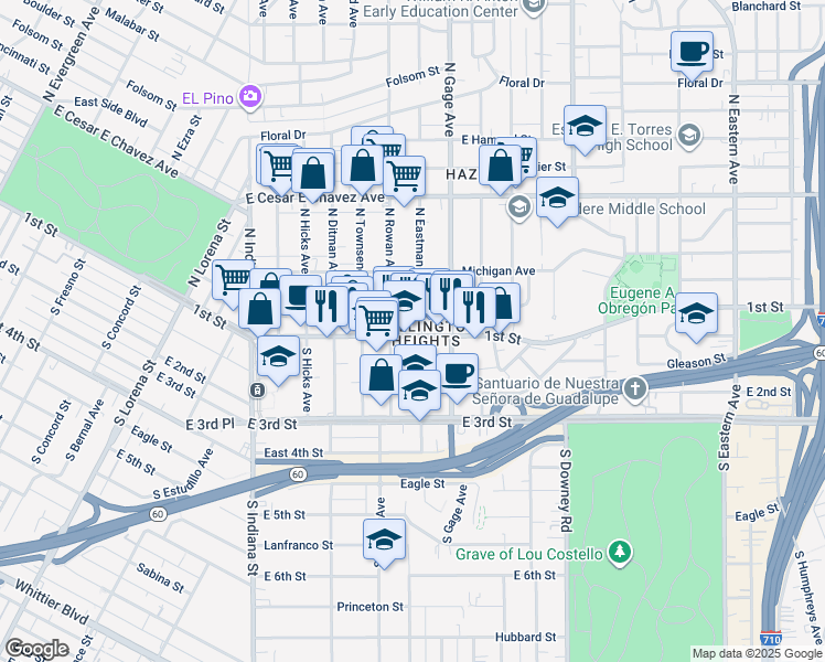 map of restaurants, bars, coffee shops, grocery stores, and more near 3717 East 1st Street in Los Angeles