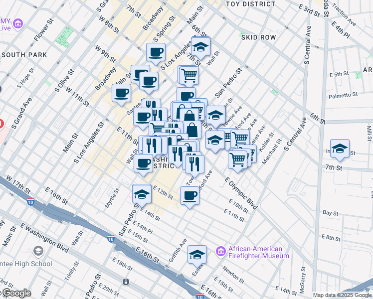map of restaurants, bars, coffee shops, grocery stores, and more near 721e East 9th Street in Los Angeles
