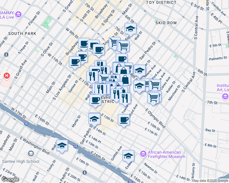 map of restaurants, bars, coffee shops, grocery stores, and more near 710 East 9th Place in Los Angeles