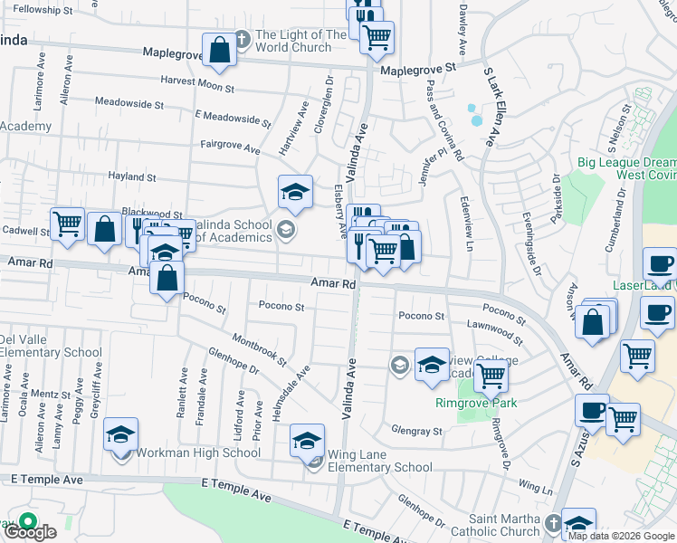 map of restaurants, bars, coffee shops, grocery stores, and more near 1023 Elsberry Avenue in La Puente