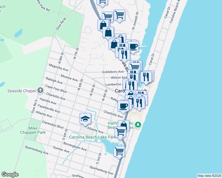 map of restaurants, bars, coffee shops, grocery stores, and more near 306 Harper Avenue in Carolina Beach
