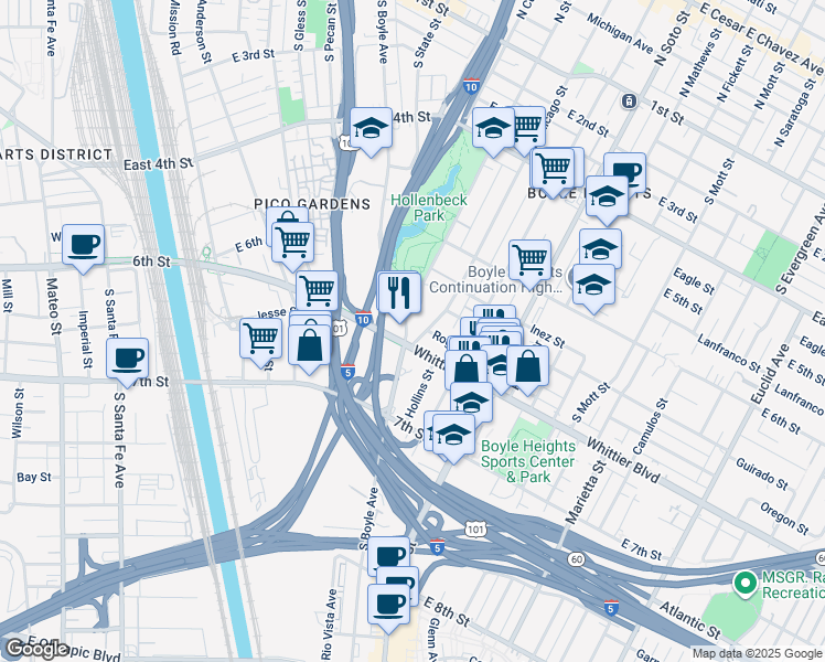 map of restaurants, bars, coffee shops, grocery stores, and more near 721 South Chicago Street in Los Angeles