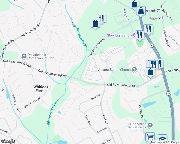 map of restaurants, bars, coffee shops, grocery stores, and more near 2417 Millbank Court in Lawrenceville