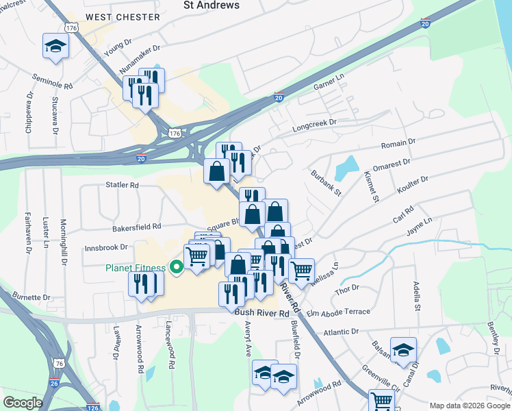 map of restaurants, bars, coffee shops, grocery stores, and more near 1824 Broad River Road in Columbia