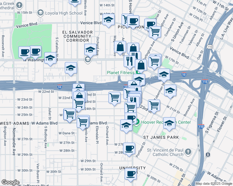 map of restaurants, bars, coffee shops, grocery stores, and more near 1283 West 22nd Street in Los Angeles