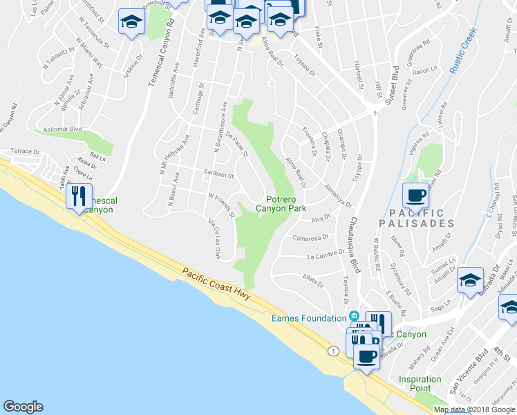 map of restaurants, bars, coffee shops, grocery stores, and more near 15206 Earlham Street in Los Angeles