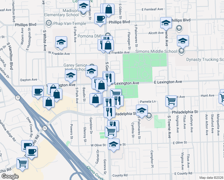 map of restaurants, bars, coffee shops, grocery stores, and more near 1932 South Garey Avenue in Pomona