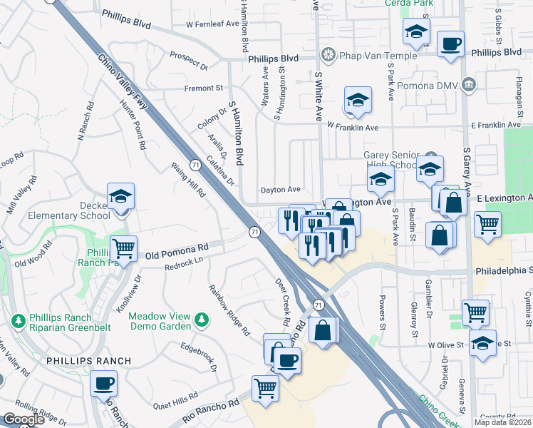 map of restaurants, bars, coffee shops, grocery stores, and more near 1045 West Lexington Avenue in Pomona