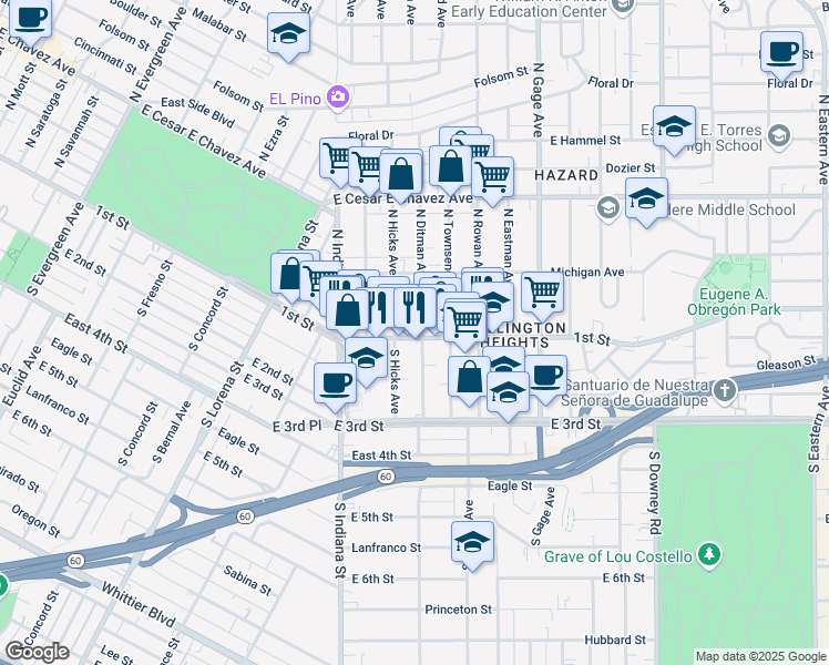 map of restaurants, bars, coffee shops, grocery stores, and more near 3580 1st Street in Los Angeles