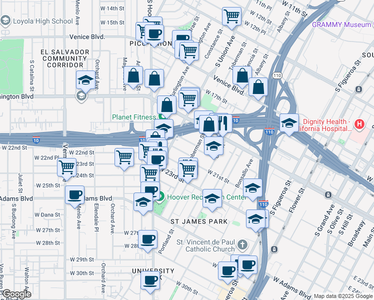 map of restaurants, bars, coffee shops, grocery stores, and more near 1020 West 20th Street in Los Angeles