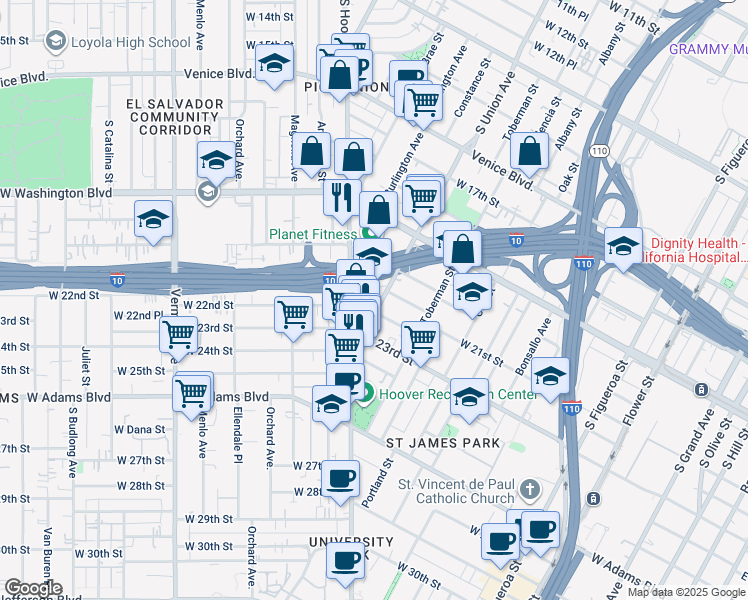 map of restaurants, bars, coffee shops, grocery stores, and more near 2102 South Union Avenue in Los Angeles