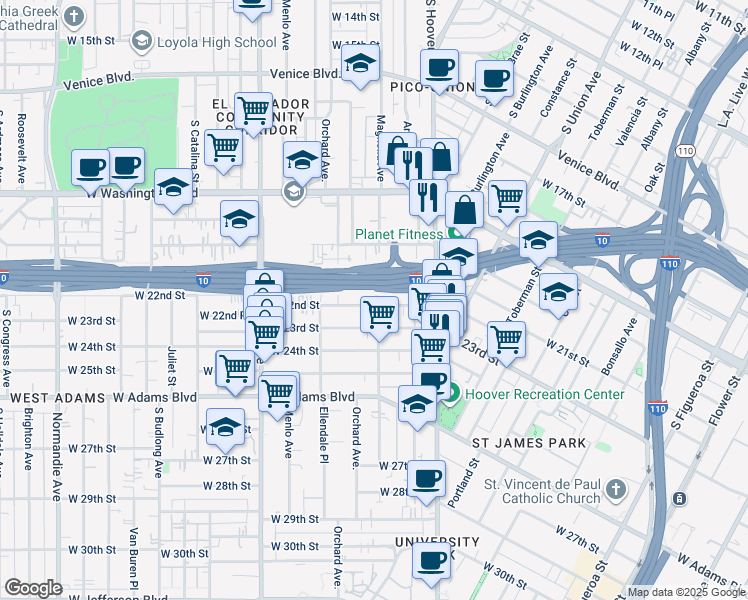 map of restaurants, bars, coffee shops, grocery stores, and more near 2134 Magnolia Avenue in Los Angeles