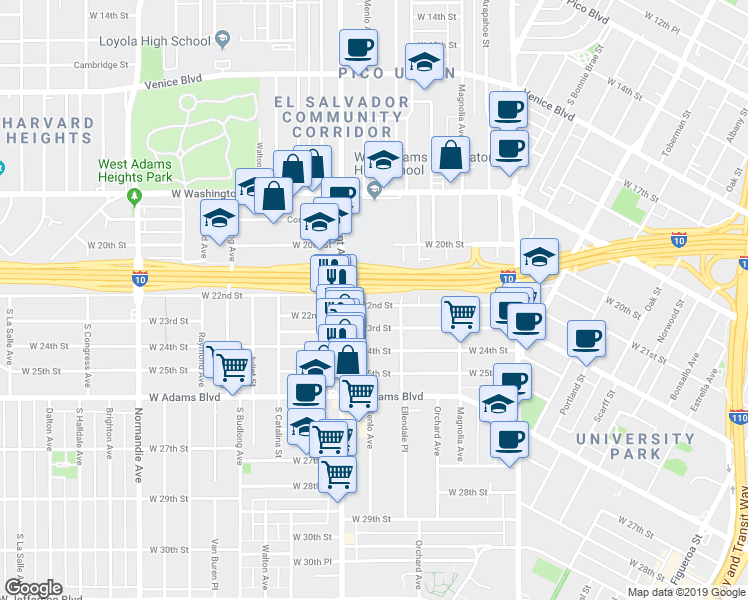 map of restaurants, bars, coffee shops, grocery stores, and more near 1445 West 22nd Street in Los Angeles