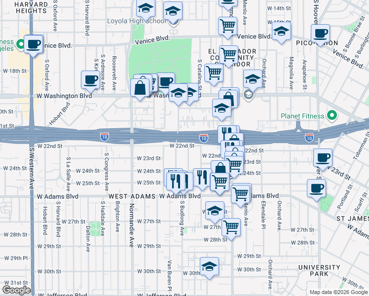 map of restaurants, bars, coffee shops, grocery stores, and more near 2200 South Budlong Avenue in Los Angeles