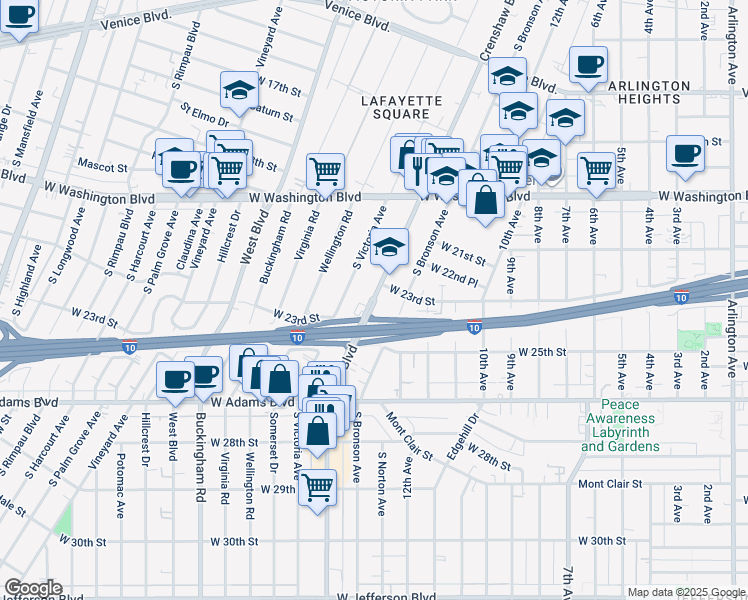 map of restaurants, bars, coffee shops, grocery stores, and more near 2321 Crenshaw Boulevard in Los Angeles